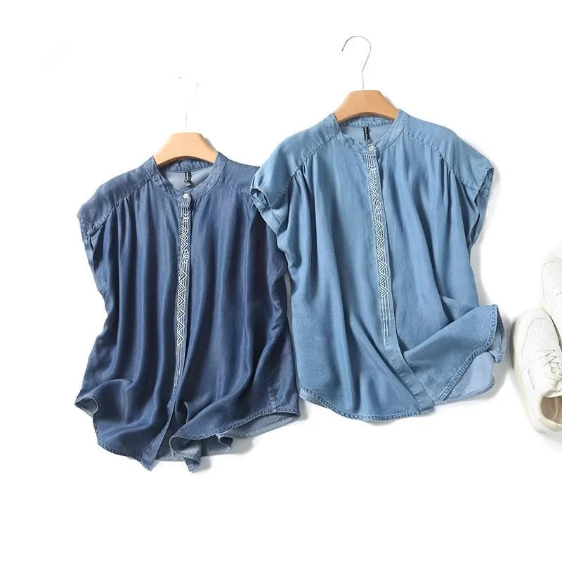 A031 Korean Women's Wear Wholesale 2024 Summer New 2 Color Single-breasted Embroidered Tencel Denim Loose Shirt