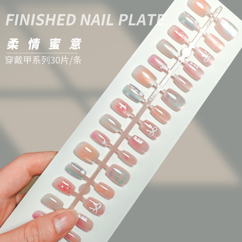 Colorful Gradient Cute Sweet Cat-Eye Press-On Nails with Bowknot Short Style Pre-Made False Nails Manicure Colorful Gradient Cute Sweet Cat-Eye Press-On Nails with Bowknot Short Style Pre-Made False Nails Manicure