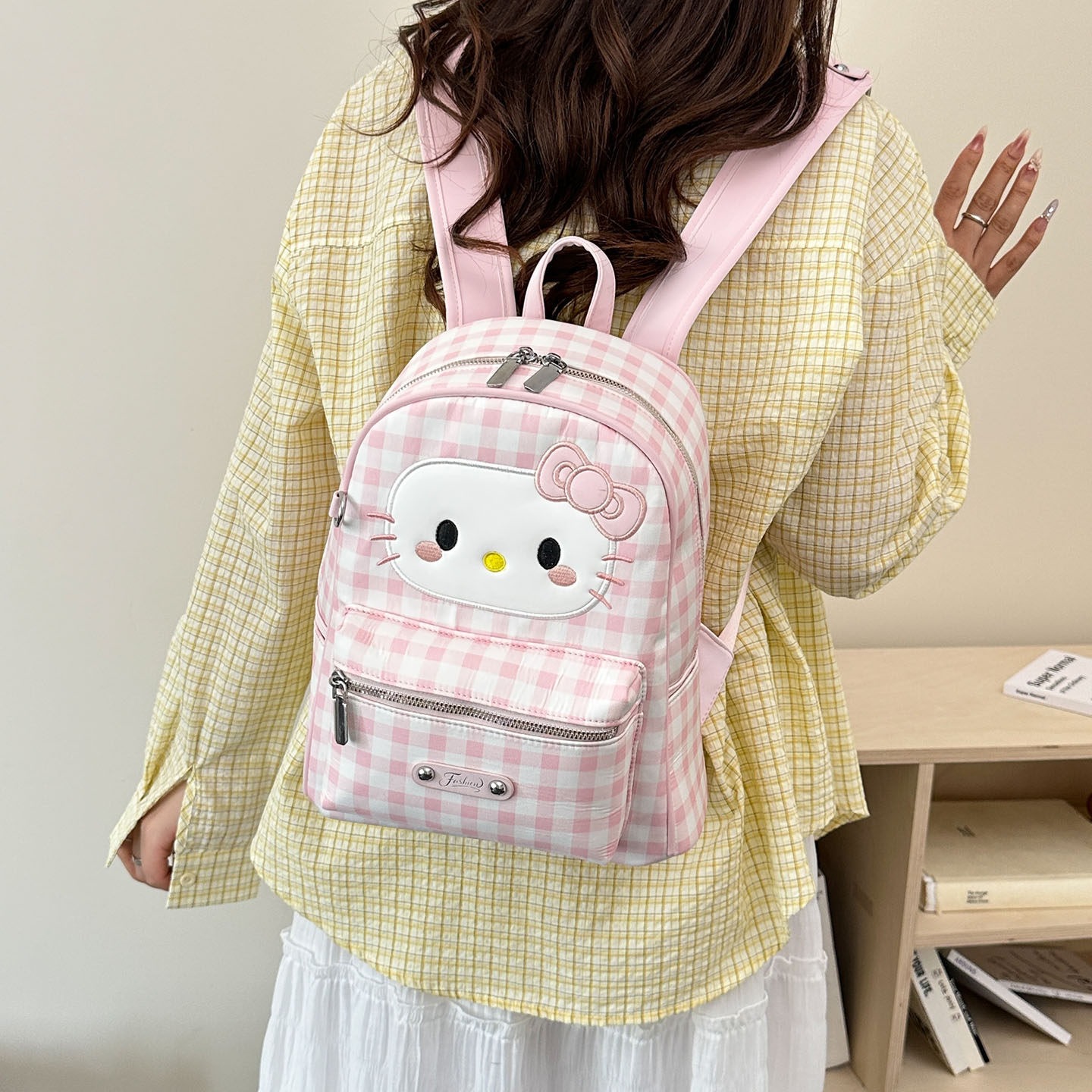 Mochila de hombro, mochila escolar, mochila de viaje de dibujos animados, gran capacidad, nueva versión coreana de 2026 lindo gato, punto de onda
