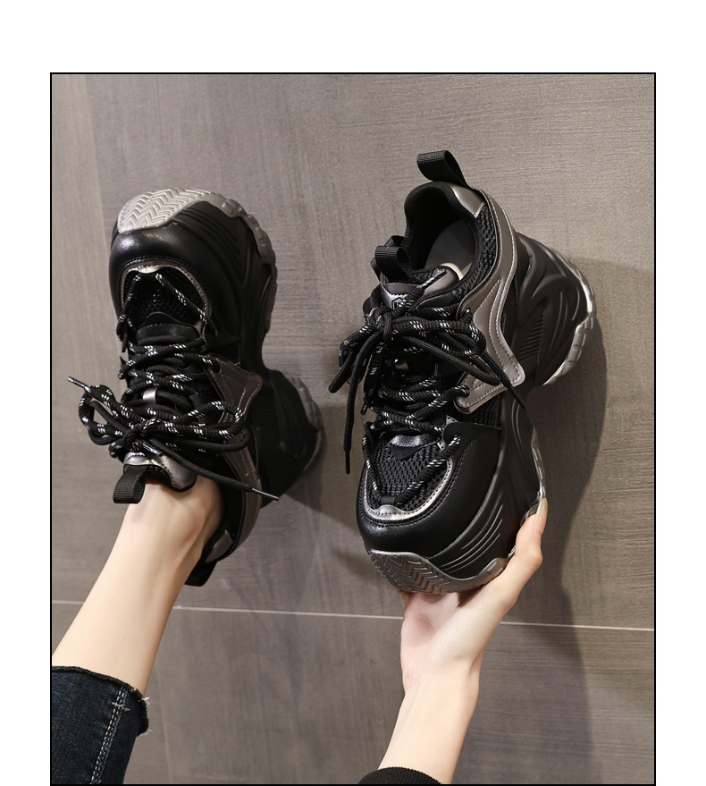 Giày sneaker nữ đế dày độn cao bên trong, phong cách bánh xốp mới mùa xuân — Màu đen chi tiết 14