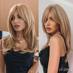 Golden Gradient Top with Eight-character Bangs, Wavy Hair Ends, High-Temperature Wire, Multiple Color Options, Female Wig