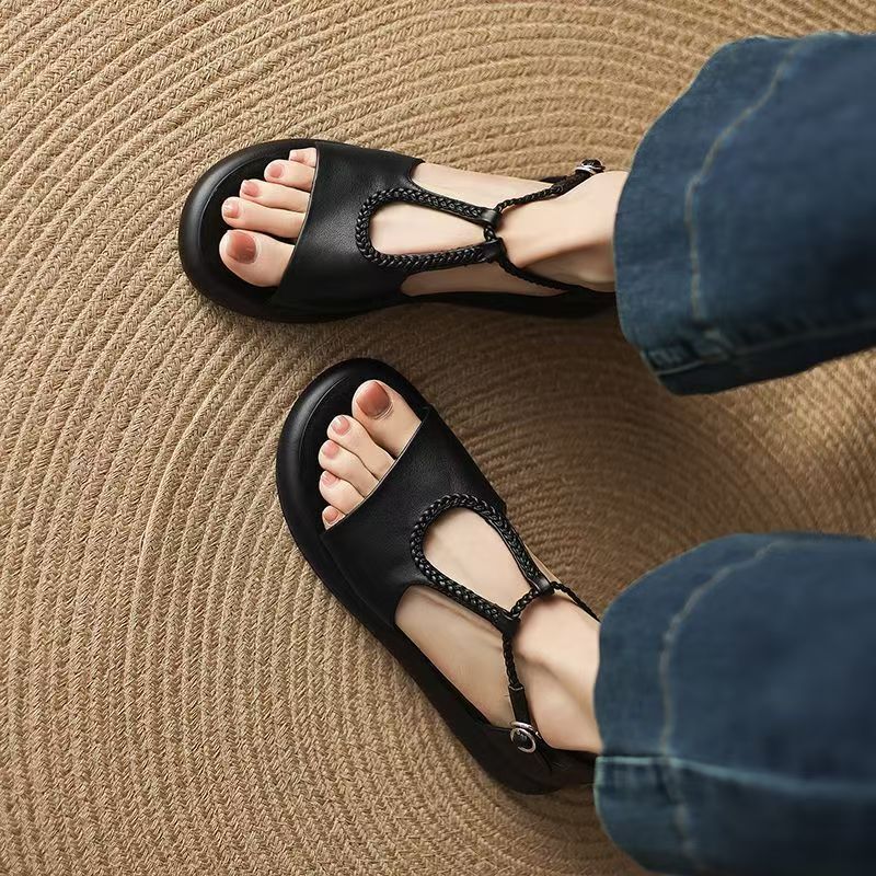 Boca de pez sandalias para mujeres verano nuevo tipo de fondo plano gigante suave T-cinturón sandalias de mujer tacones marrón negro otros