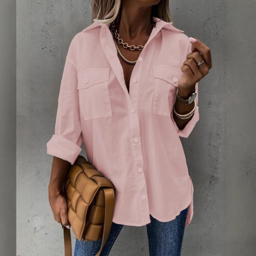 Ebay Amazon Wish European and American four seasons versatile loose-fitting long-sleeved lapel shirt top