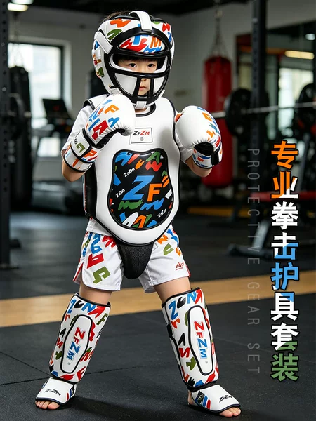 Full Set of Sanda Protective Gear for Children, Including Boxing Groin Protection, Leg Protection, Combat Training, Muay Thai Fighting Training, Sparring Protective Clothing Set