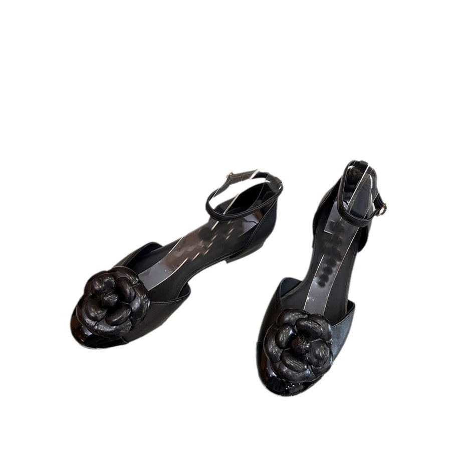 2024 новая классическая mountain camellia flat sandals on the side empty stitching leather fashion with round head with single shoes