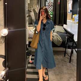 牛仔连衣裙女夏季2025新款复古短袖中长款收腰遮肉气质衬衫长裙子