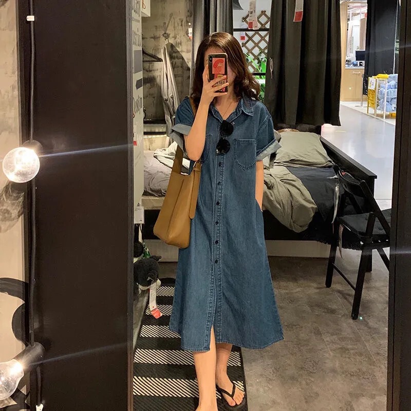 Denim Dress Women's Summer 2025 New Retro Short-Sleeved Mid-Length Waist-Covering Shirt Long Skirt
