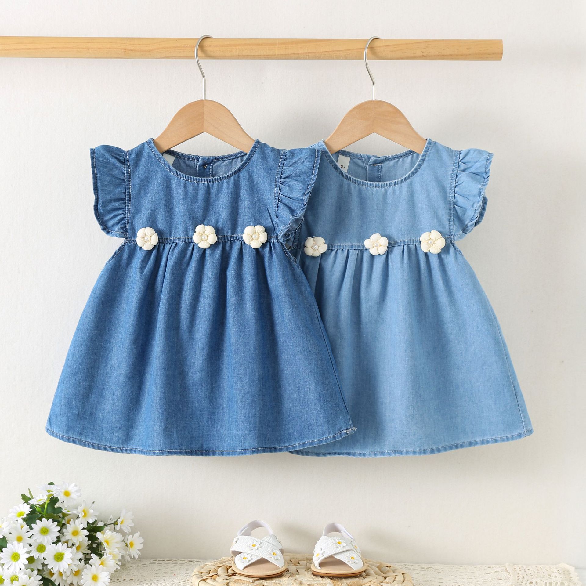 Children's Clothing 2026 New Summer Girls' Dresses Kidsren's Casual Flying Sleeve Denim Skirt Baby Clothes 1776