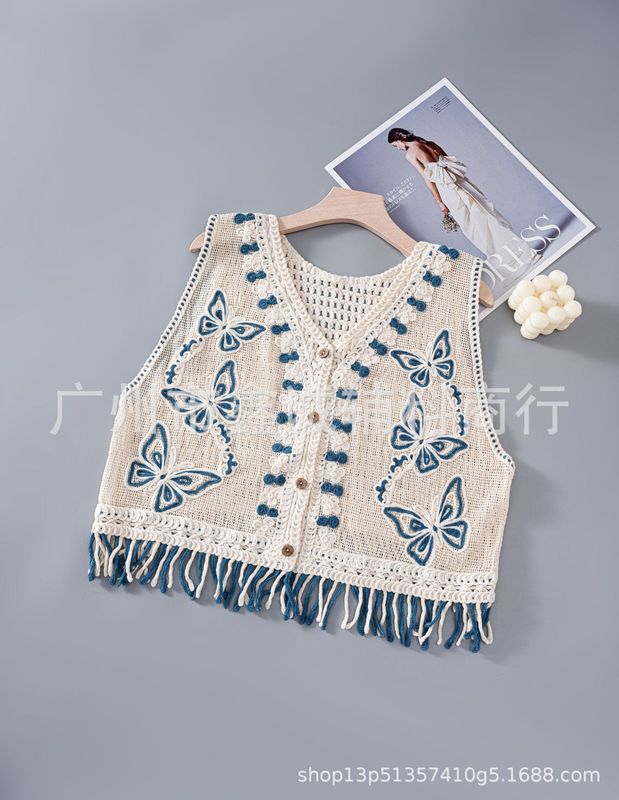 エスニック風ベスト、刺繍レイヤード、ベスト、アーティスティックショートジャケット、タッセルベスト、レトロ|undefined