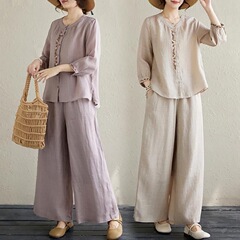 文学レトロ春夏新レトロ新中国風刺繍ルーズパンツツーピースカジュアルスーツ女性用