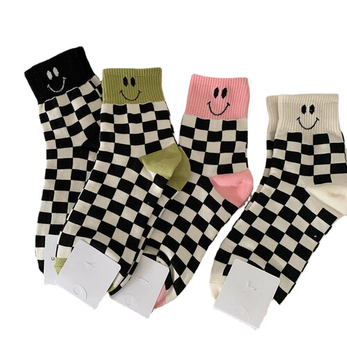 Smiley Face Grid Socks for Girls Mid-Calf Socks Korean Dongdaemun Checkerboard Socks Cartoon Smiley Color-Matched Socks Trendy Match