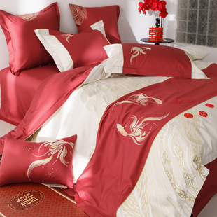 Ll New Chinoiserie Wedding Bedding 100S Long-Staple Cotton Koi Embroider Red Four-Piece Wedding Quilt Cover Bed Sheetss