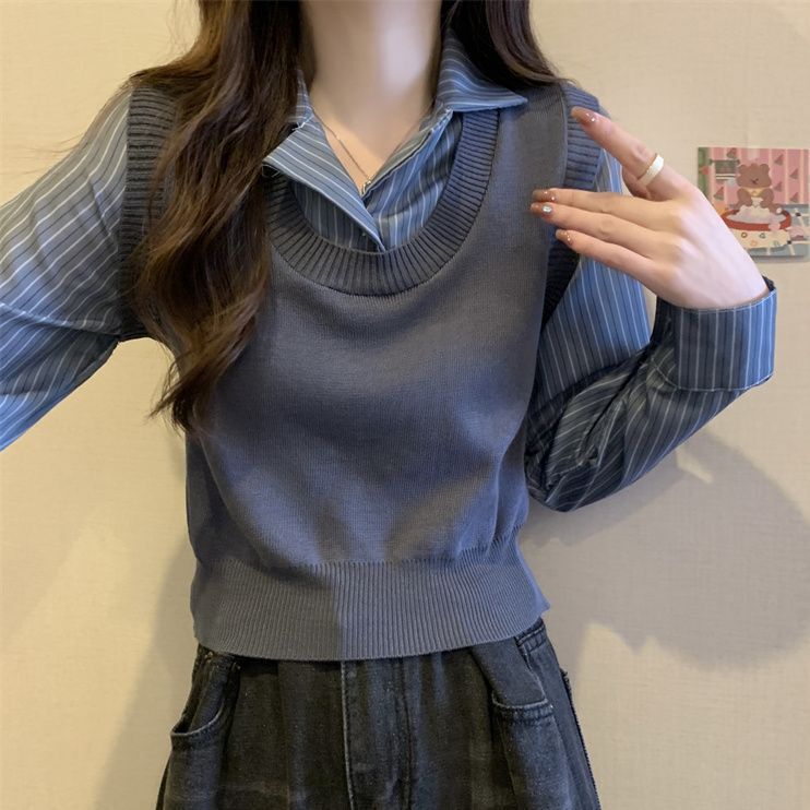 New Sweater for Autumn 2025, Shirt-Style Fake Two-Piece Knitwear for Women, with a Unique Design and Striped Long-Sleeve Base Top