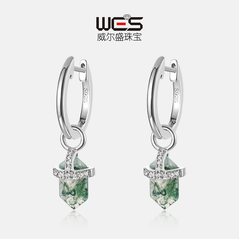 Venta caliente transfronteriza de Amazon Pendientes de piedra de musgo verde natural de pilar hexagonal S925 Pendientes de ágata con incrustaciones de plata Lujo ligero