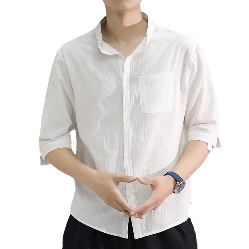 Men's Loose Linen Short Sleeve Shirt, Big Size, Trendy, Fat Men, Plus Size, Summer Cotton-Linen Five-Finger Sleeve Thin Model