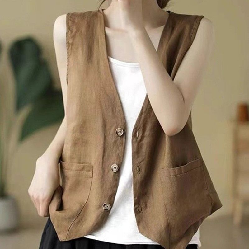 Ropa de primavera nueva literatura y arte universal relajado comercio exterior retro sin mangas cuello en V medio largo chaleco de lino abrazadera chaqueta mujer