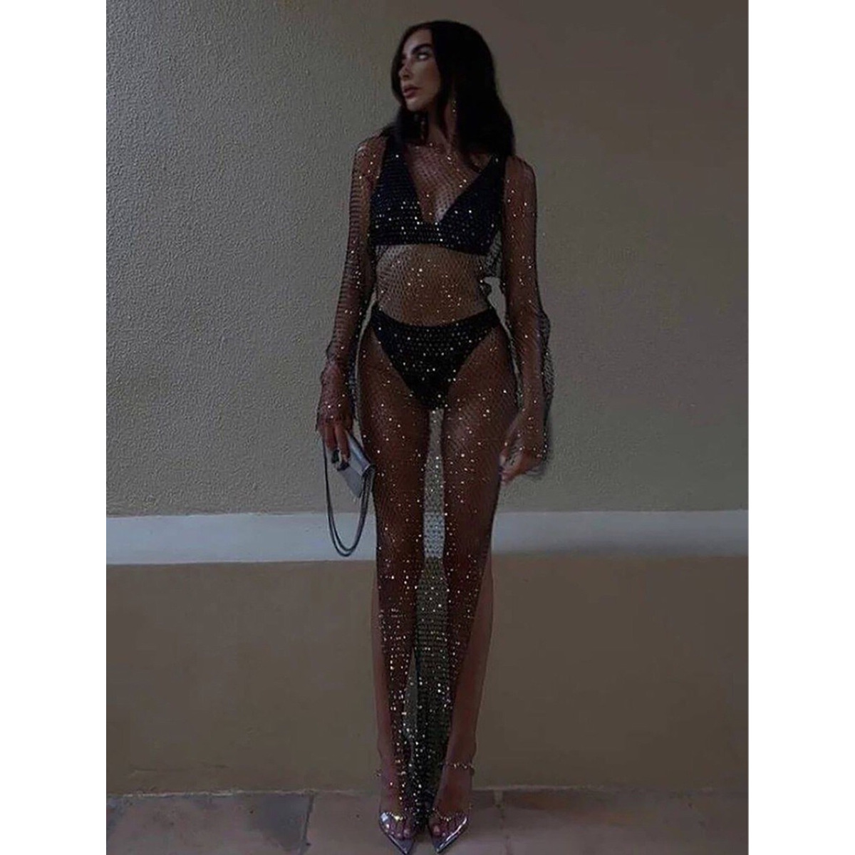 2025 Summer Cool Mesh Rhinestone Dress Sexy Hollow Long Sleeve One-Shoulder Slit Beach Party Long Dress