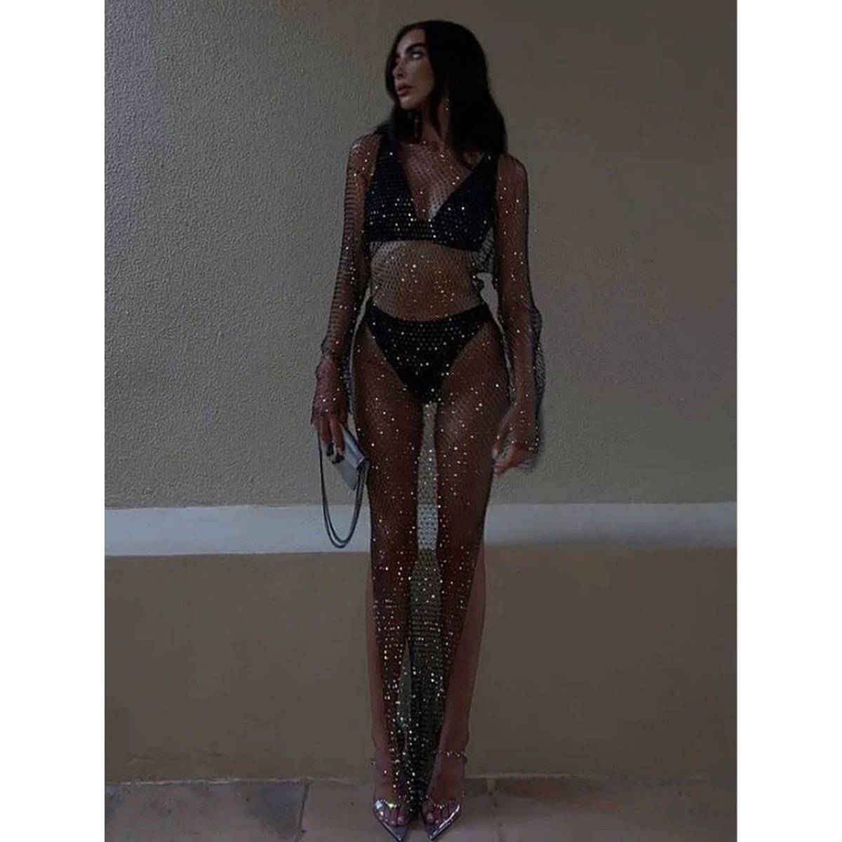 Летнее платье 2025 года с сетчатыми вставками и стразами, сексуальное с длинными рукавами, асимметричным вырезом и разрезом для пляжной вечеринки