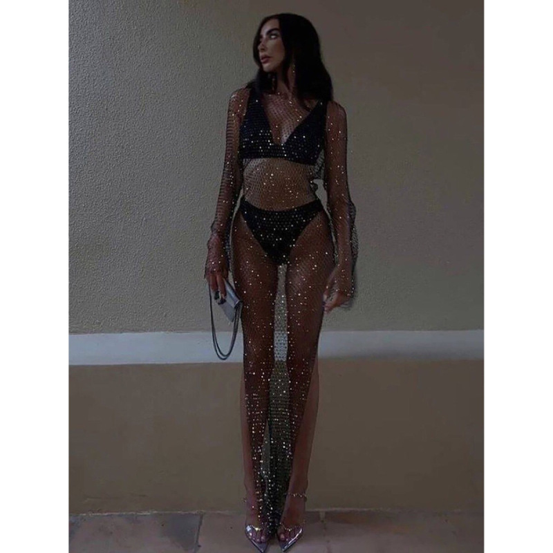2025 Summer Cool Mesh Rhinestone Dress Sexy Hollow Long Sleeve One-Shoulder Slit Beach Party Long Dress 2025 Summer Cool Mesh Rhinestone Dress Sexy Hollow Long Sleeve One-Shoulder Slit Beach Party Long Dress