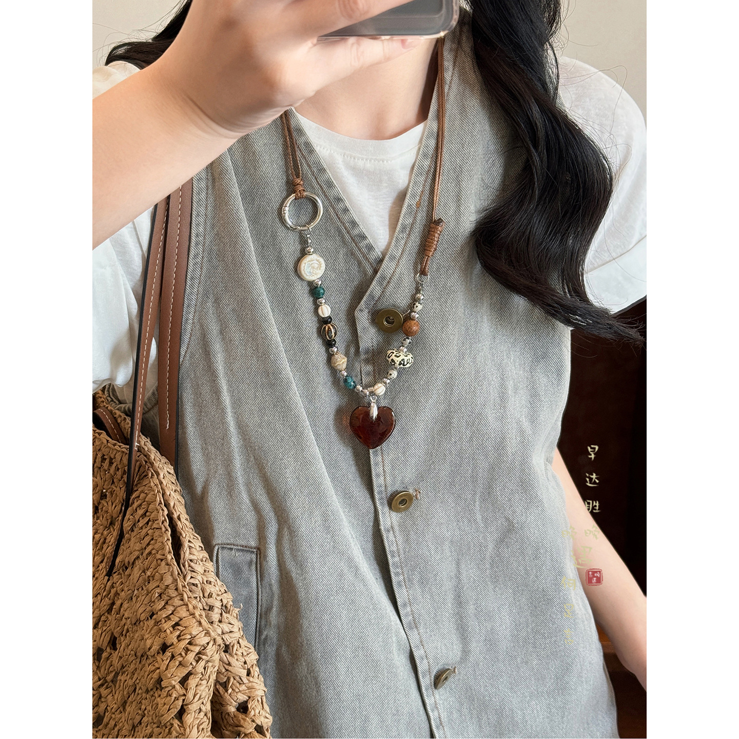 Summer Seaside Heart Beaded Long Necklace Women's Bohemian Retro Sweater Chain Ethnic Style Halter Accessories