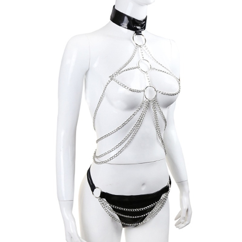 Directamente del fabricante: lencería erótica para DJ, lencería de cuero charol con cadena, ropa sexy con cadena, atuendo para pole dance, body.