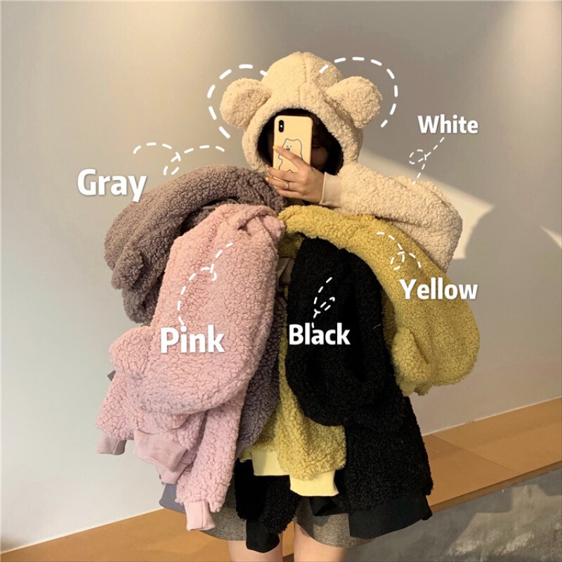 Sweater women's design imitation lambswool cute bear ears hooded autumn and winter plus size loose long sleeve sweater