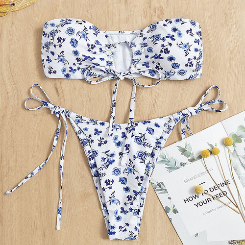 Women's Sexy Print Strapless Split Bikini Swimwear, European and American Braided Three-Point Bikini