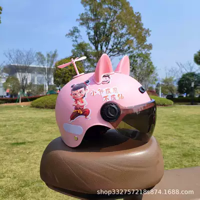 3C Certified 2-6 Years Old Motosiklet kaskı (dəbilqə) - light-pink-nezha-sunscreen-glasses-pink-cat-ears-pink-windmill-3c-children-2-6-years-old-j02