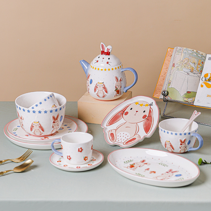 Rabbit Cartoon Tableware Cute High Color Value Coffee Cup Gift Dinner Plate Set Ceramic Bowl Kettle Mug Rabbit Cartoon Tableware Cute High Color Value Coffee Cup Gift Dinner Plate Set Ceramic Bowl Kettle Mug