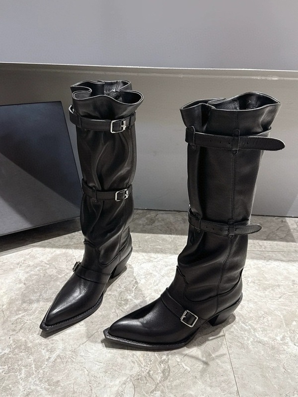 2025 秋冬新ファッショナブルなハイヒールメタルベルトバックルポインテッドウエスタンカウボーイブーツ女性のプリーツ厚いヒールの女性のブーツ|undefined