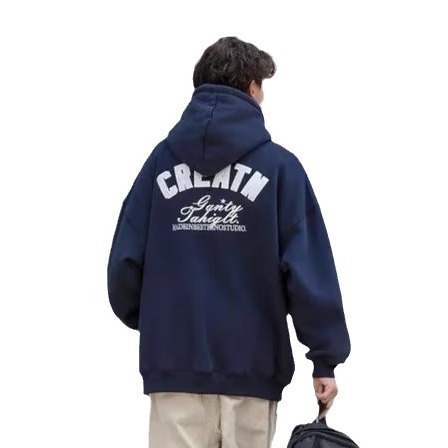 Cobalt Blue Heavyweight Sweatshirt for Men, Japanese Cityboy Style, Padded Hooded Sweatshirt, American Retro Oversize Student Jacket