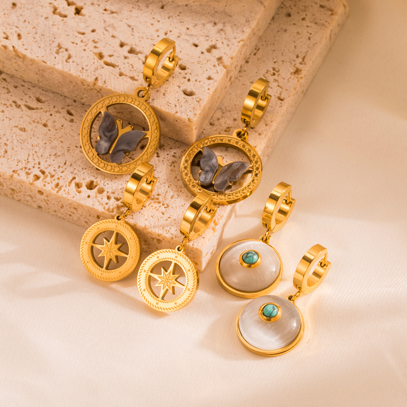 Fashion Star Butterfly Titanium Steel Plating Turquoise Shell Earrings 1 Pair