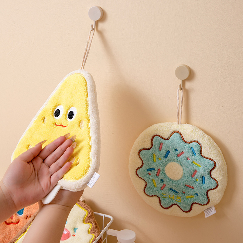 Korean Style Cartoon Cute Hand Towel Hanging Water Absorbent Quick-drying Wipe Three-layer Thickened Coral Fleece Kitchen Towel Handkerchief