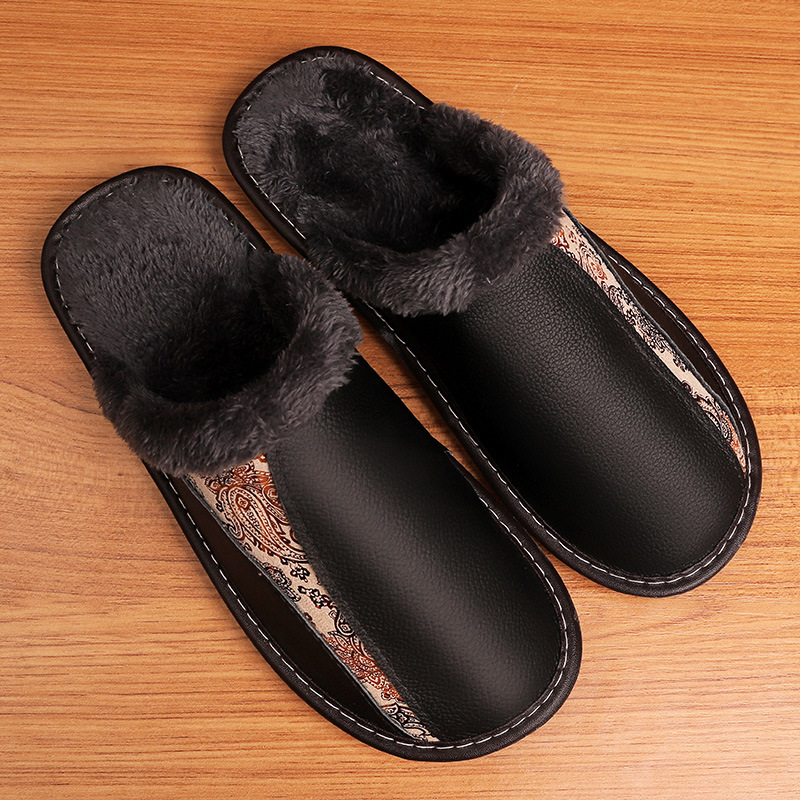 Home Winter Genuine Leather Cotton Slippers Men's Non-Slip Indoor Home Couple Warm Thick Bottom Cowhide Fur Slippers Women's Winter
