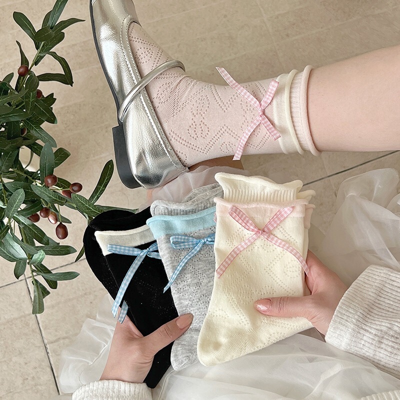 Plaid Bowknot Seamless Socks for Women, Mid-Calf Socks, Summer Thin Style, Double Ribbed Edge, Korean Style, Ins-Style, Girl's Slouchy Cotton Socks Plaid Bowknot Seamless Socks for Women, Mid-Calf Socks, Summer Thin Style, Double Ribbed Edge, Korean Style, Ins-Style, Girl's Slouchy Cotton Socks