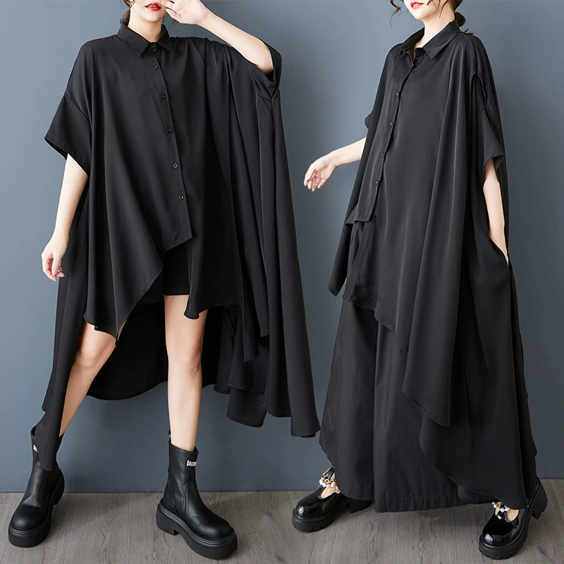 Реальный выстрел 2025 летний новый темный ветер нерегулярная рубашка мода дикий большой размер средней и длинной рубашки