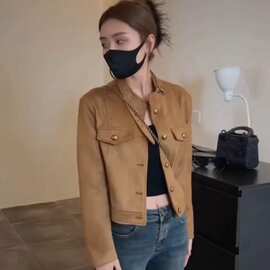 爱依轩 复古港风设计新款小个子立领麂皮绒机车夹克短外套上衣