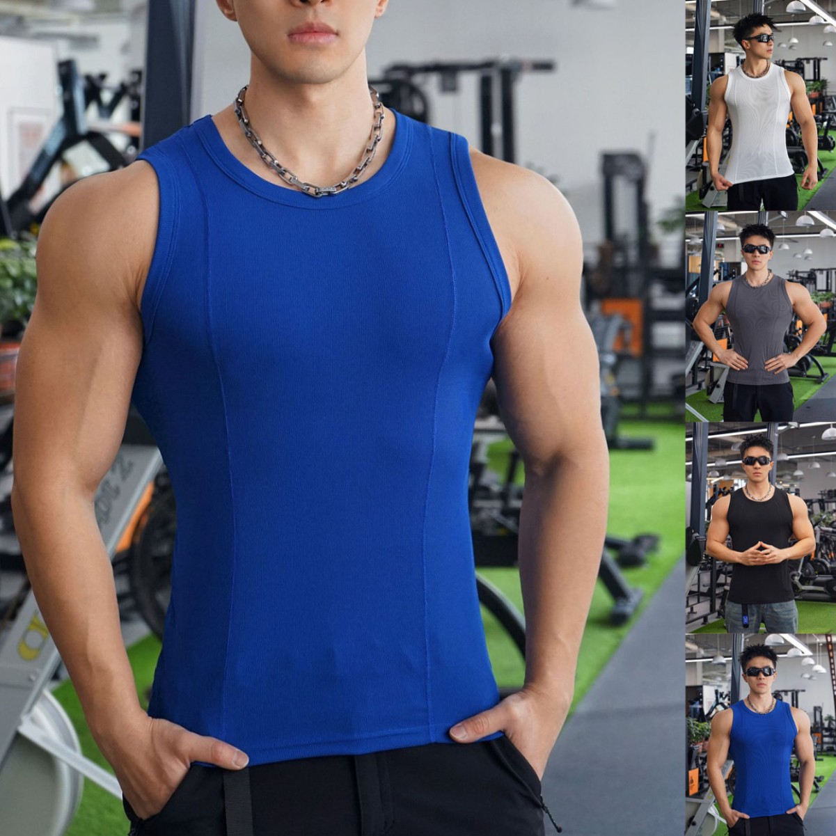 New Men's Vest Outdoor Running Training Sports Fitness Cool Silk Cotton Pit Strip Breathable Iron Solid Color Top