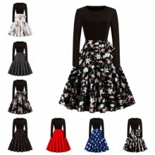 D跨境外贸秋冬季新款欧美复古女装圆领长袖黑拼印花大摆连衣裙