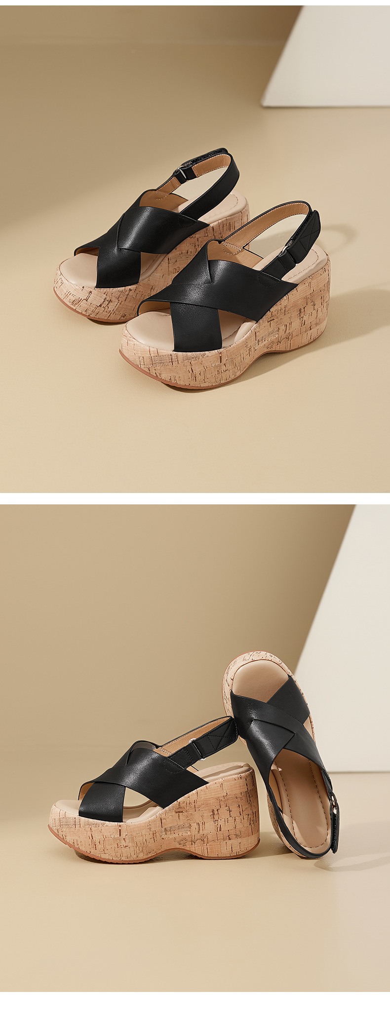 Sandal cao gót nữ quai chéo hở mũi đế xuồng 10cm da bò thật phong cách La Mã — màu đen, màu trắng ngà chi tiết 13