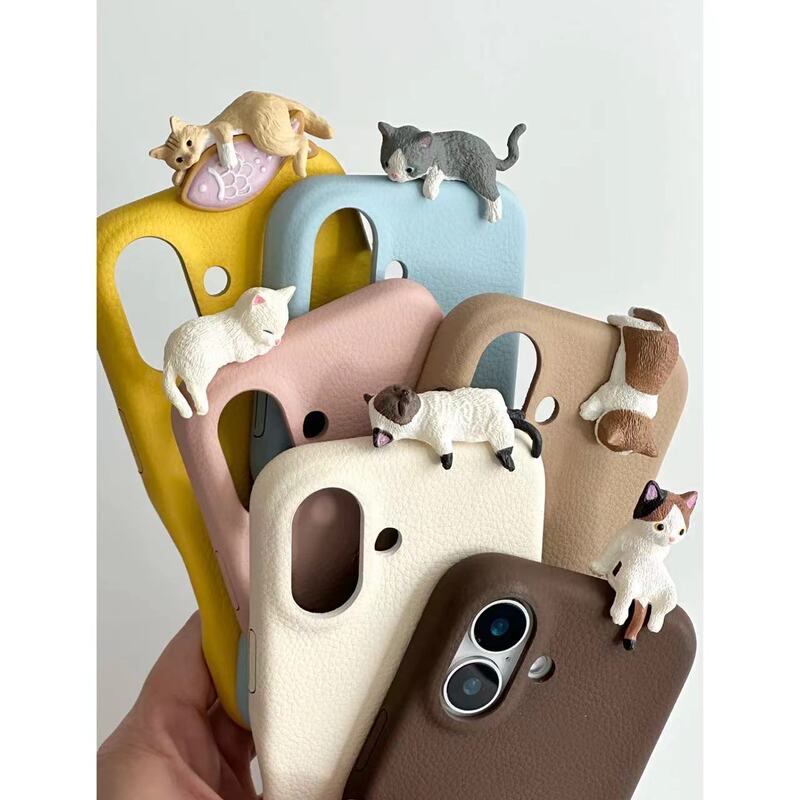 Litchi skin pattern lying prone cat for iPhone16promax Apple 15 mobile phone case 14 new 12 couples 11