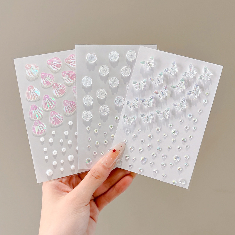 Niños espectáculo de escenario pegatinas de joyas perlas mariposas pegatinas de diamantes de perla maquillaje facial decoración autoadhesiva pegatinas sin pegamento