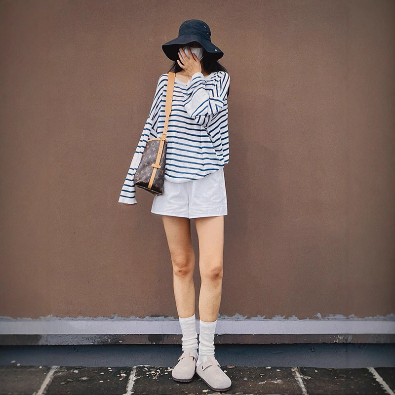 2025 Spring and Autumn Long-sleeved T-shirt Korean-style Wear Top Sling Outer Blue Striped Sunscreen Blouse Thin Women's Summer