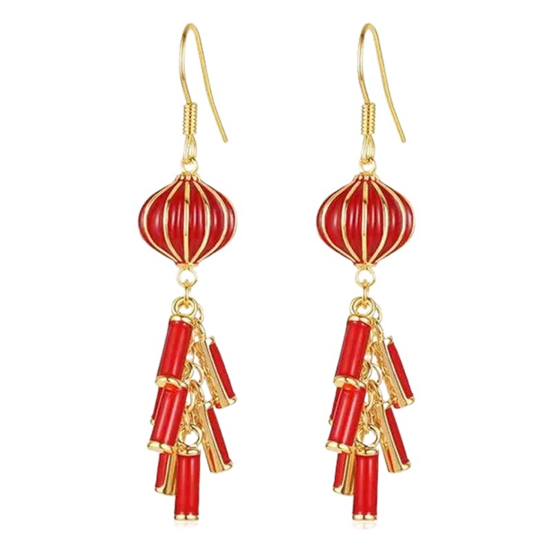 Pendientes de petardos con diseño de linterna china, estilo 2025, rojos, festivos para el Año Nuevo, largos, para mujer.