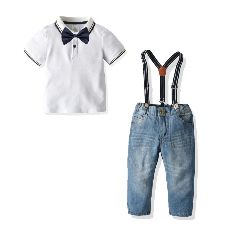 Spring and Autumn 2021 New Boys Polo Short-sleeved Shirt Denim Pants Set European and American Gentleman Four-piece Set