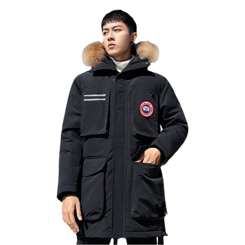 Chaqueta de plumón para hombre de media longitud 2023 Invierno Nueva chaqueta de plumón de pato con cuello de piel grande con capucha abrigo de hombre engrosado cálido