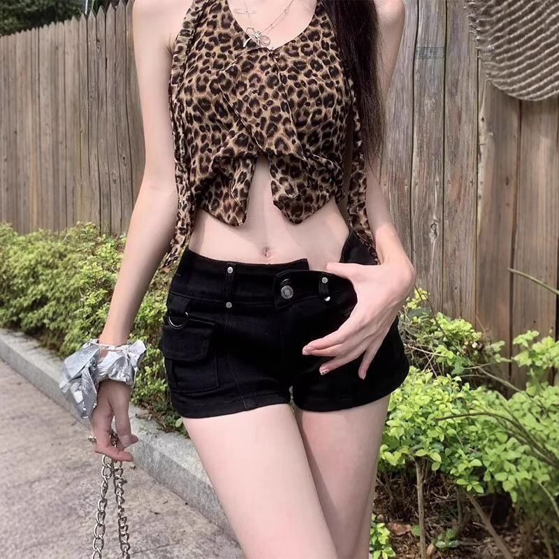 American Retro Black Tooling Denim Shorts Women's Summer New Spice Girls All-match Slim-fit Hip A- shaped Hot Pants