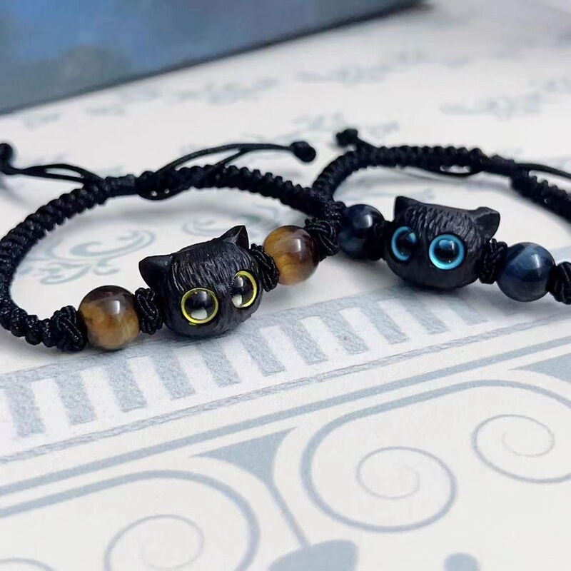 Cross-Border Cute Kitten Couple Bracelets, a Pair of Men's and Women's Bracelets with Imitation Wood and Crystal Weaving, Niche Design Bracelets Cross-Border Cute Kitten Couple Bracelets, a Pair of Men's and Women's Bracelets with Imitation Wood and Crystal Weaving, Niche Design Bracelets