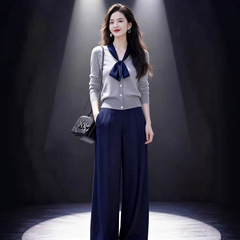 时尚套装女气质通勤秋冬新款蝴蝶结针织上衣休闲阔腿裤两件套装