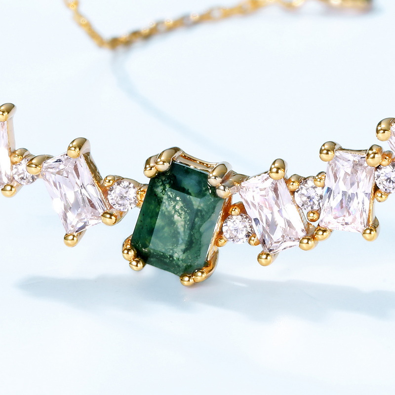 Transfronterizo personalizado al por mayor S925 plata verde musgo piedra collar mujer agua hierba ágata cadena de clavícula luz lujo estilo europeo y americano
